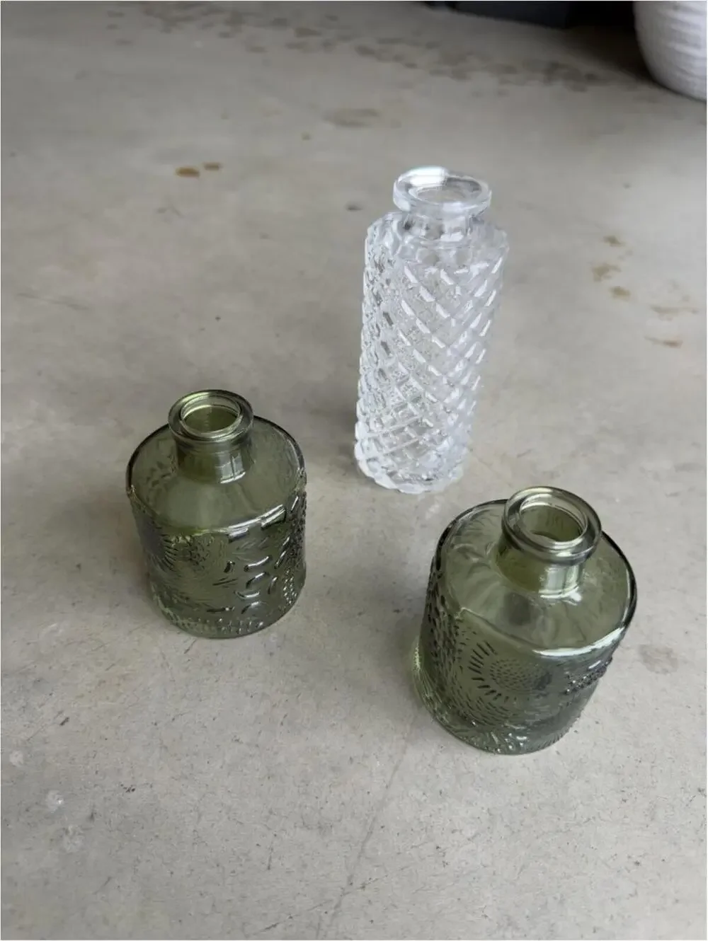 Glass Diffuser Bottles / Bud Vase Set / Green Clear